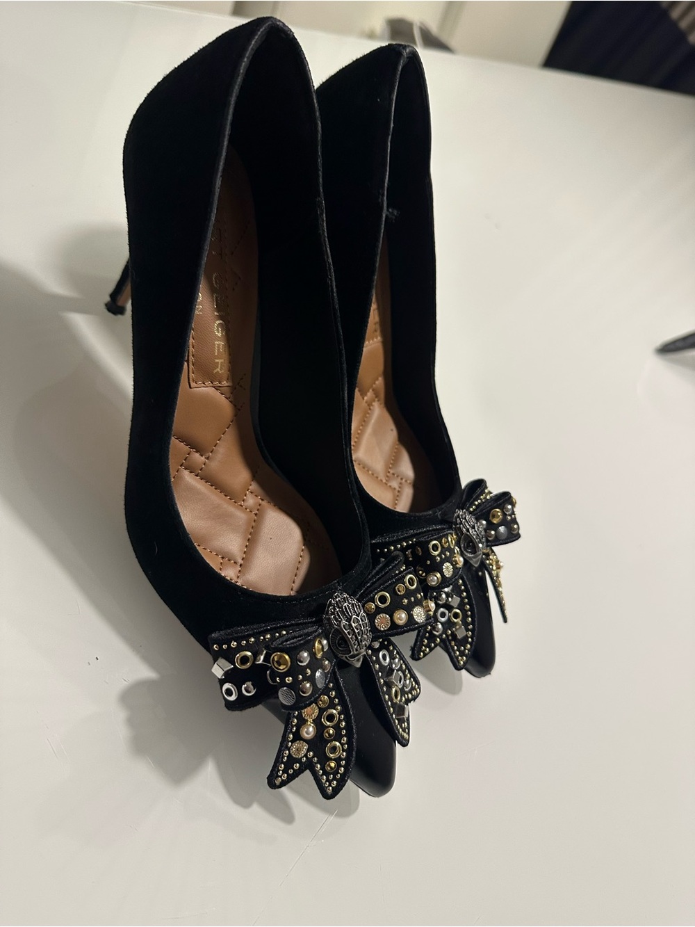 Kurt Geiger Black Embellished Pointed-Toe Heels with Stud Bow - Picture 2 of 4
